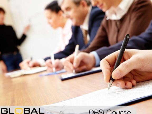 Four people seated at a table taking notes with a pen and notepad. One person standing pointing at a whiteboard. Along the bottom it reads Global Language Services  DPSI Course