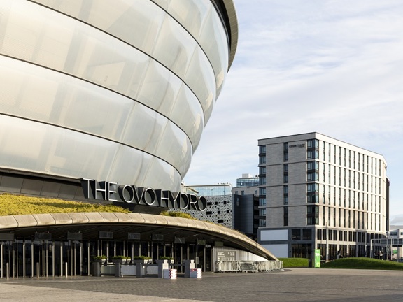 Ovo Hydro Arena external view with the Courtyard by Marriott SEC. 