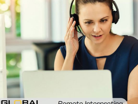 Person sits at a computer wearing a headset. Along the bottom it reads Global Language Services Remote Interpreting.