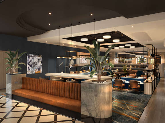 Artists impression of hotel lobby - occasional tables and chairs, leather banquette seating, plants, soft lighting, artwork and dark accent walls