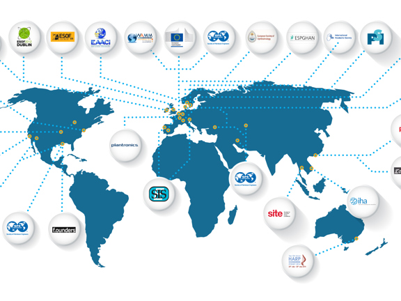 An infographic showing a world map in teal blue, surrounded by small white circles displaying the logos of different events. Dotted blue lines lead from each circle, illustrating where they took place.