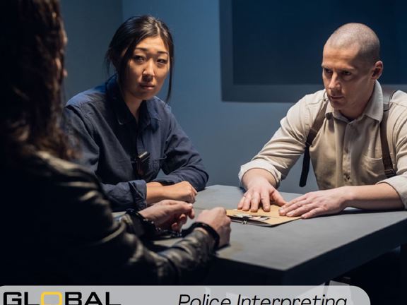 Three people seated at a table with a brown file sitting on it.  Along the bottom it reads Global Language Services Police Interpreting 