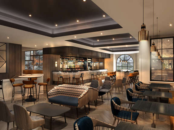 Artists impression of new hotel bar - occasional tables and chairs surrounding a long grey bar, soft lighting and arched windows