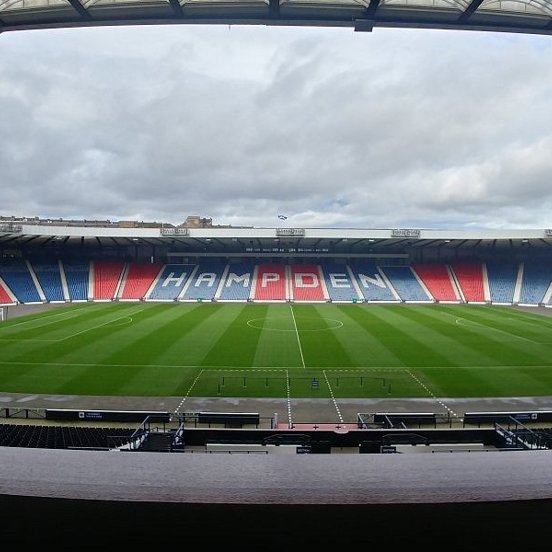 A view of Hampden stadium from the empty stands with the word HAMPDEN spelt out in the chairs in white