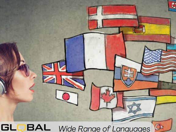 A person wearing sunglasses and headphones with mouth slightly open and many country flags look like they are coming out of the mouth.  Along the bottom it reads Global Language Services wide range of languages.