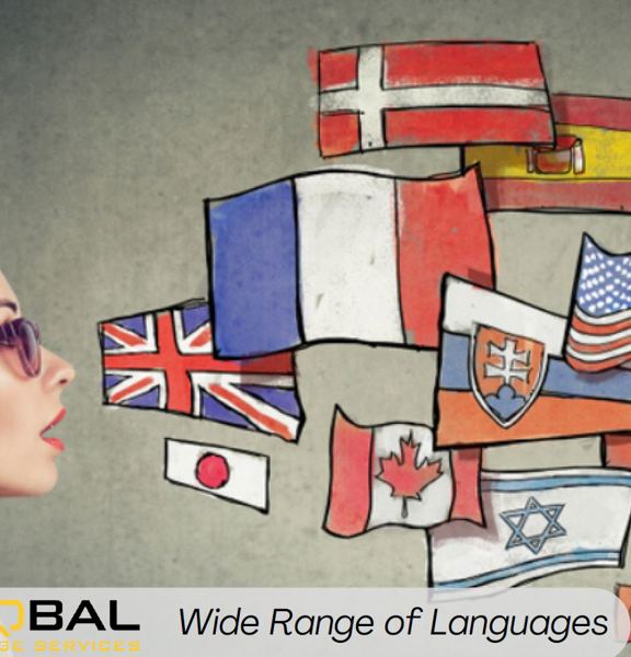 A person wearing sunglasses and headphones with mouth slightly open and many country flags look like they are coming out of the mouth.  Along the bottom it reads Global Language Services wide range of languages.