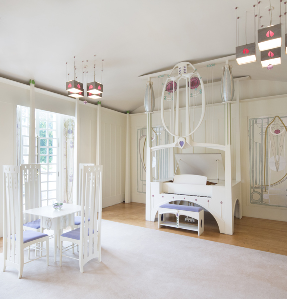 View of the Music Room in the House for an Art Lover, with art-nouveau chairs, chandeliers and piano, with Charles Rennie Mackintosh motifs