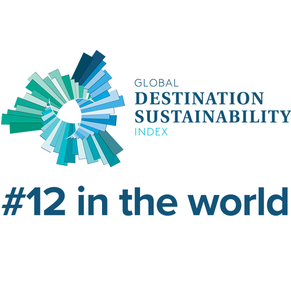 Blue toned logo reading Global Destination Sustainability Index, #12 in the world