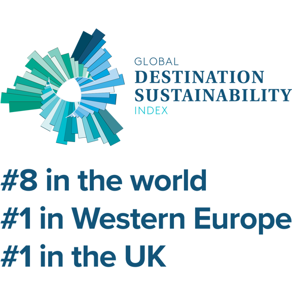 Blue toned logo reading Global Destination Sustainability Index, #8 in the world, #1 in East & West Europe, #1 in the UK